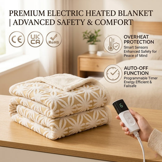 KiriHome premium electric heated blanket with dual controller, beige fleece material
