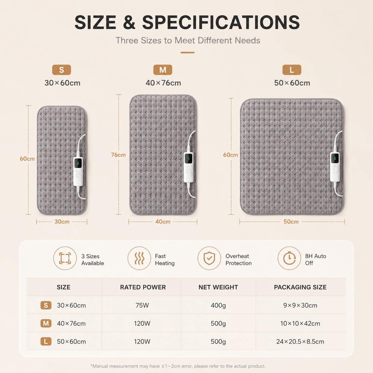 KiriHome heating pad available sizes dimensions specifications chart
