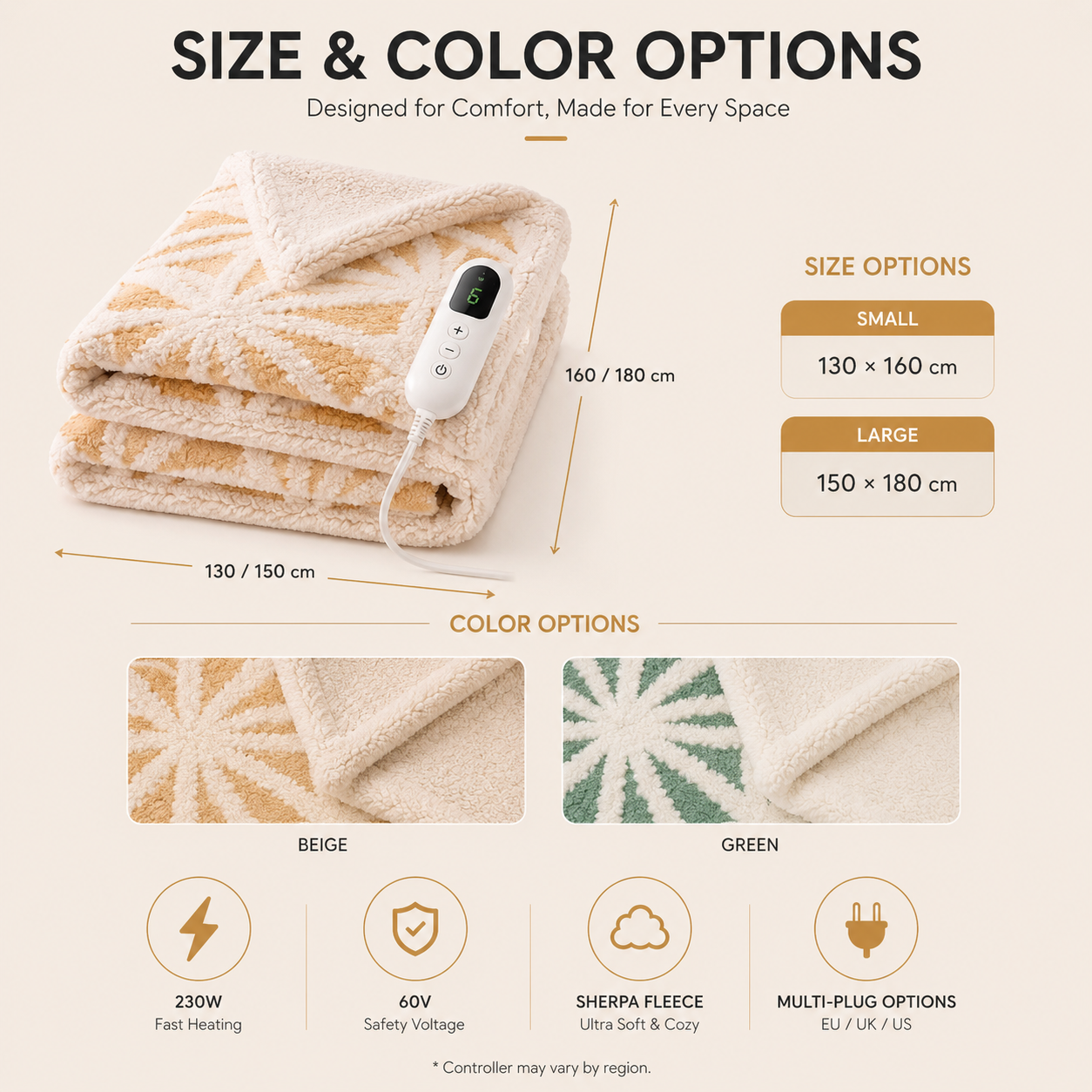 Electric blanket available sizes and color options selection guide

