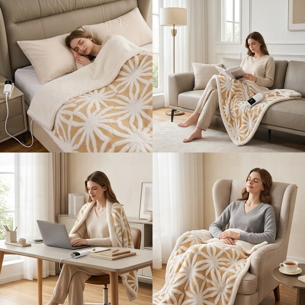 Woman relaxing on sofa with KiriHome electric heated blanket at home
