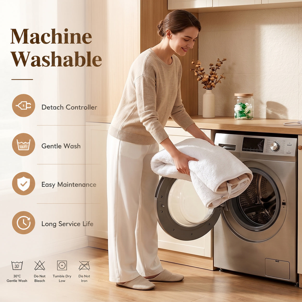 KiriHome sherpa heated mattress pad machine washable easy care instruction
