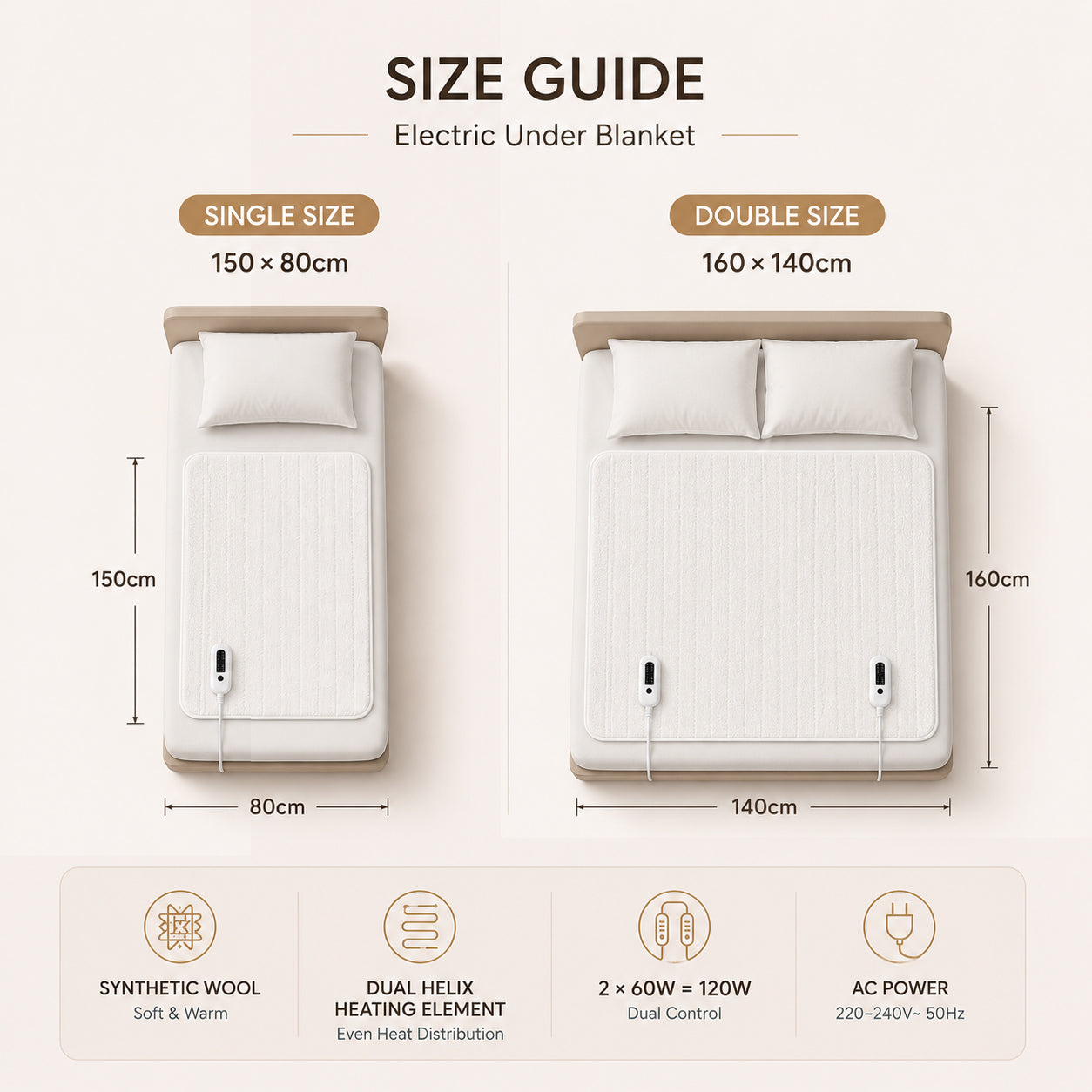 Heated mattress pad size guide showing available dimensions for single and double beds
