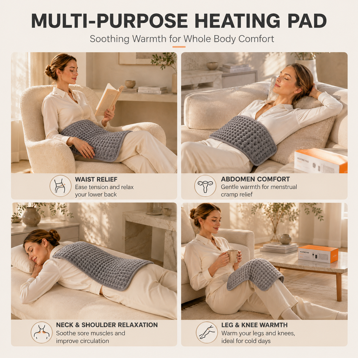 KiriHome heating pad multi-purpose use cases for back shoulder and leg pain relief
